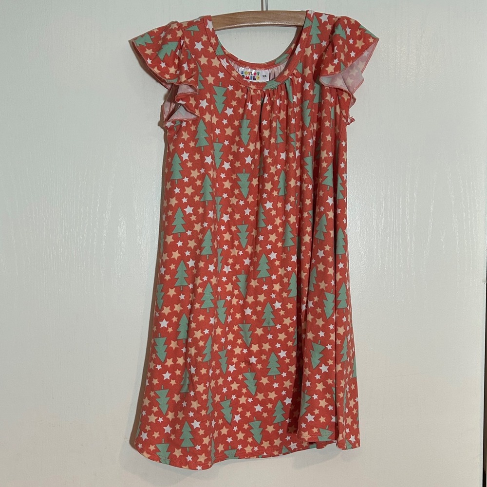Dot Dot Smile Girls Christmas Tree Star Flutter Sleeve Dress Orange Red Size 5/6